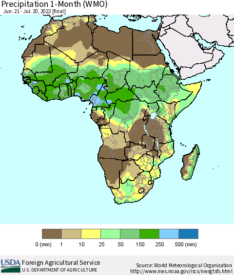 Africa Precipitation 1-Month (WMO) Thematic Map For 6/21/2022 - 7/20/2022