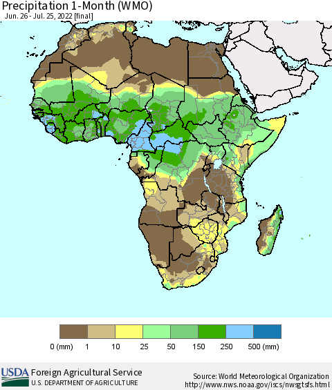 Africa Precipitation 1-Month (WMO) Thematic Map For 6/26/2022 - 7/25/2022