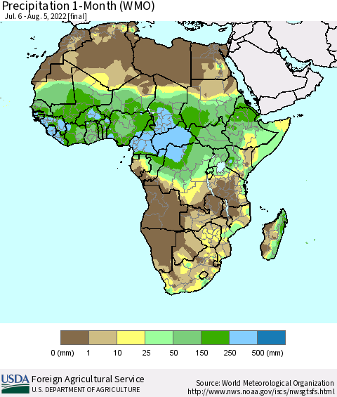 Africa Precipitation 1-Month (WMO) Thematic Map For 7/6/2022 - 8/5/2022