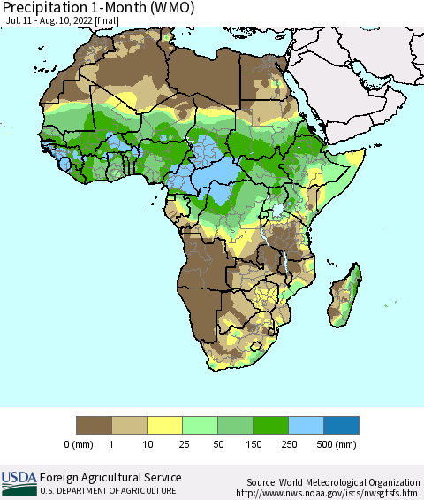 Africa Precipitation 1-Month (WMO) Thematic Map For 7/11/2022 - 8/10/2022