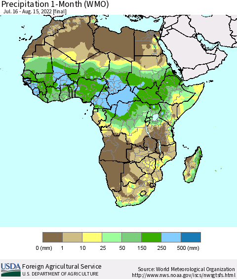 Africa Precipitation 1-Month (WMO) Thematic Map For 7/16/2022 - 8/15/2022
