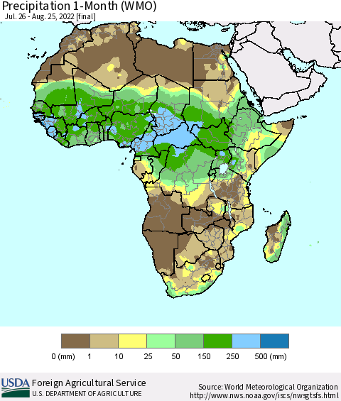 Africa Precipitation 1-Month (WMO) Thematic Map For 7/26/2022 - 8/25/2022
