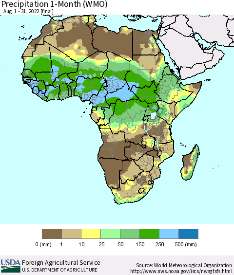 Africa Precipitation 1-Month (WMO) Thematic Map For 8/1/2022 - 8/31/2022