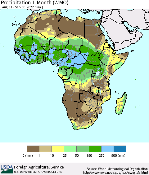 Africa Precipitation 1-Month (WMO) Thematic Map For 8/11/2022 - 9/10/2022