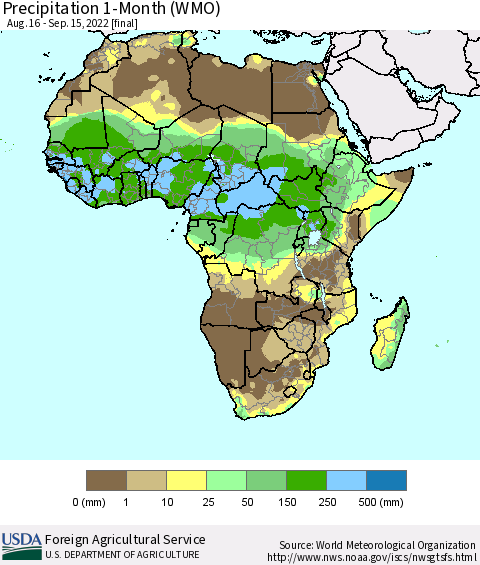 Africa Precipitation 1-Month (WMO) Thematic Map For 8/16/2022 - 9/15/2022
