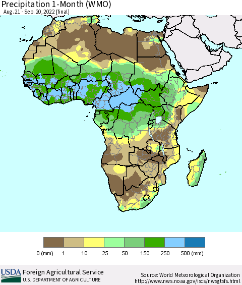 Africa Precipitation 1-Month (WMO) Thematic Map For 8/21/2022 - 9/20/2022