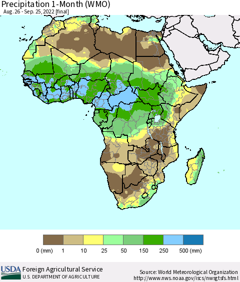 Africa Precipitation 1-Month (WMO) Thematic Map For 8/26/2022 - 9/25/2022