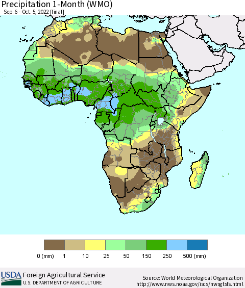 Africa Precipitation 1-Month (WMO) Thematic Map For 9/6/2022 - 10/5/2022