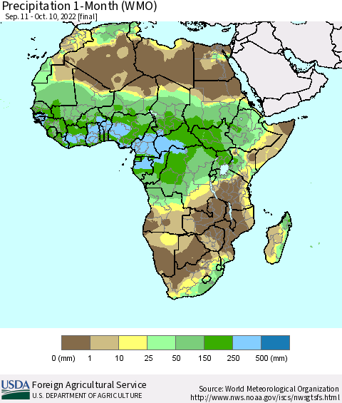 Africa Precipitation 1-Month (WMO) Thematic Map For 9/11/2022 - 10/10/2022