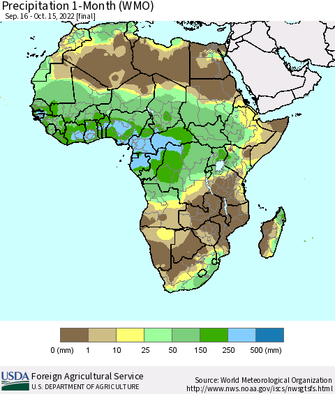 Africa Precipitation 1-Month (WMO) Thematic Map For 9/16/2022 - 10/15/2022