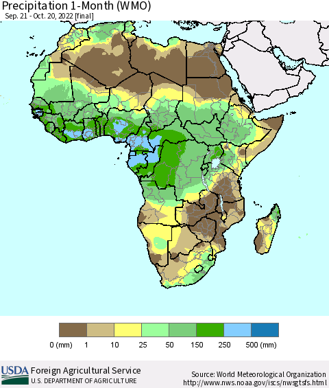 Africa Precipitation 1-Month (WMO) Thematic Map For 9/21/2022 - 10/20/2022