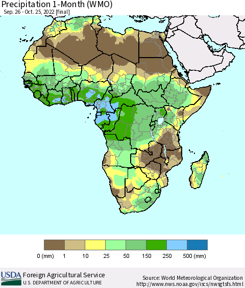 Africa Precipitation 1-Month (WMO) Thematic Map For 9/26/2022 - 10/25/2022