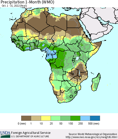Africa Precipitation 1-Month (WMO) Thematic Map For 10/1/2022 - 10/31/2022