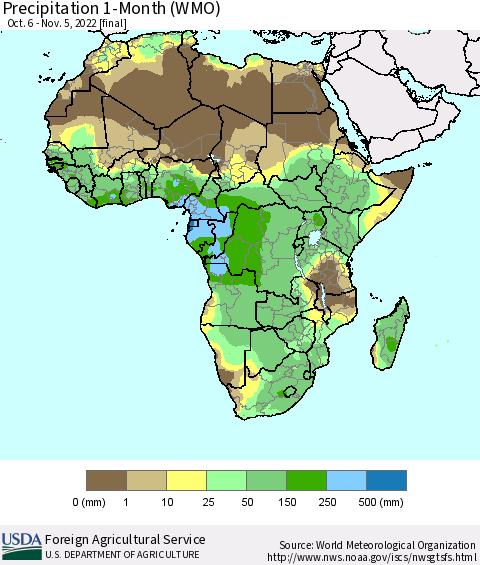 Africa Precipitation 1-Month (WMO) Thematic Map For 10/6/2022 - 11/5/2022
