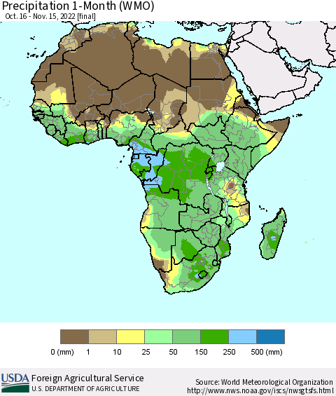Africa Precipitation 1-Month (WMO) Thematic Map For 10/16/2022 - 11/15/2022