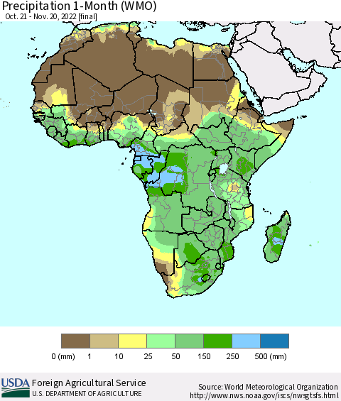 Africa Precipitation 1-Month (WMO) Thematic Map For 10/21/2022 - 11/20/2022