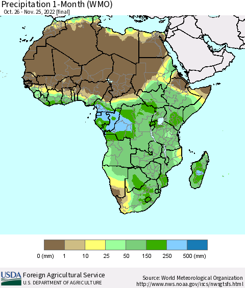 Africa Precipitation 1-Month (WMO) Thematic Map For 10/26/2022 - 11/25/2022