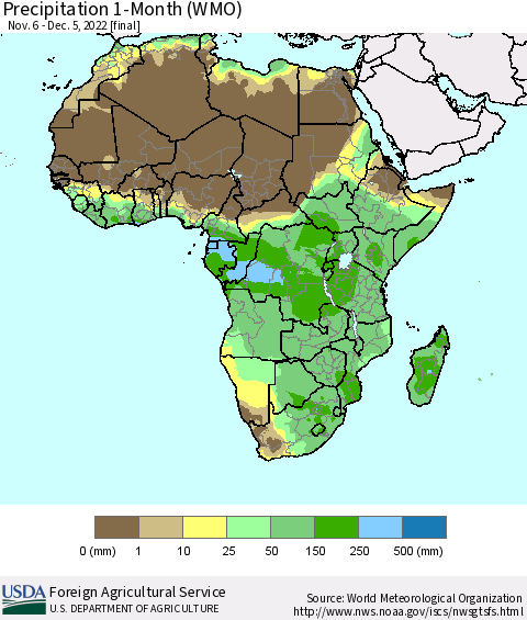 Africa Precipitation 1-Month (WMO) Thematic Map For 11/6/2022 - 12/5/2022