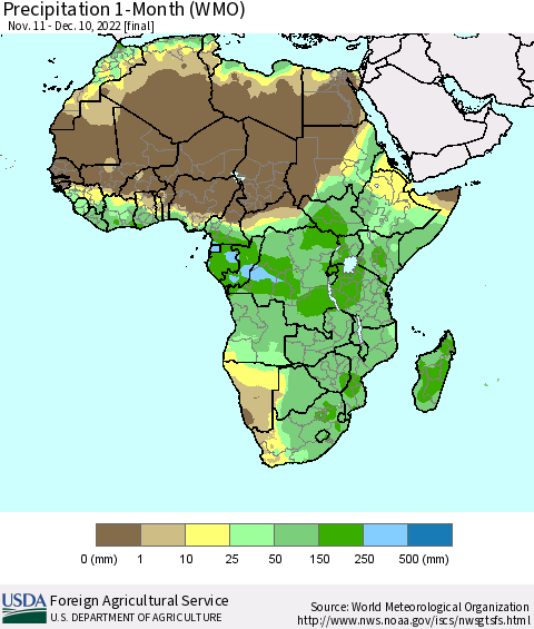 Africa Precipitation 1-Month (WMO) Thematic Map For 11/11/2022 - 12/10/2022