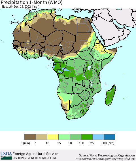 Africa Precipitation 1-Month (WMO) Thematic Map For 11/16/2022 - 12/15/2022