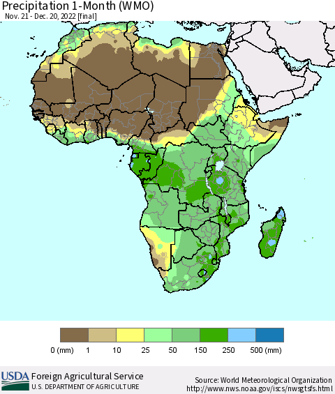 Africa Precipitation 1-Month (WMO) Thematic Map For 11/21/2022 - 12/20/2022