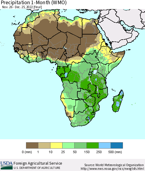Africa Precipitation 1-Month (WMO) Thematic Map For 11/26/2022 - 12/25/2022