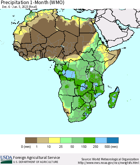 Africa Precipitation 1-Month (WMO) Thematic Map For 12/6/2022 - 1/5/2023