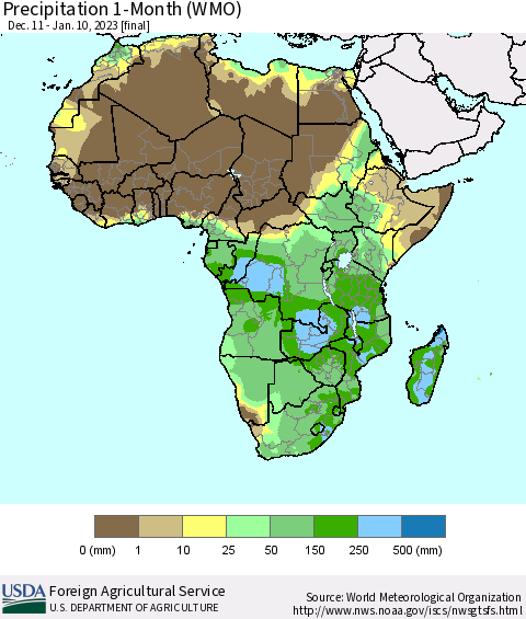 Africa Precipitation 1-Month (WMO) Thematic Map For 12/11/2022 - 1/10/2023