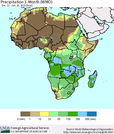 Africa Precipitation 1-Month (WMO) Thematic Map For 12/21/2022 - 1/20/2023