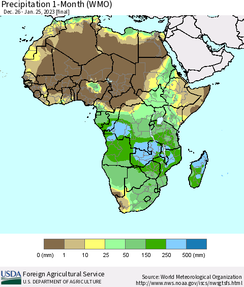 Africa Precipitation 1-Month (WMO) Thematic Map For 12/26/2022 - 1/25/2023
