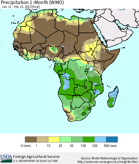 Africa Precipitation 1-Month (WMO) Thematic Map For 1/11/2023 - 2/10/2023