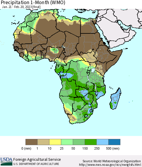 Africa Precipitation 1-Month (WMO) Thematic Map For 1/21/2023 - 2/20/2023