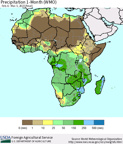 Africa Precipitation 1-Month (WMO) Thematic Map For 2/6/2023 - 3/5/2023