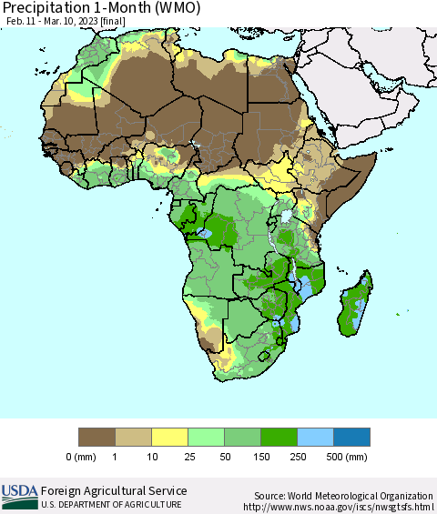 Africa Precipitation 1-Month (WMO) Thematic Map For 2/11/2023 - 3/10/2023
