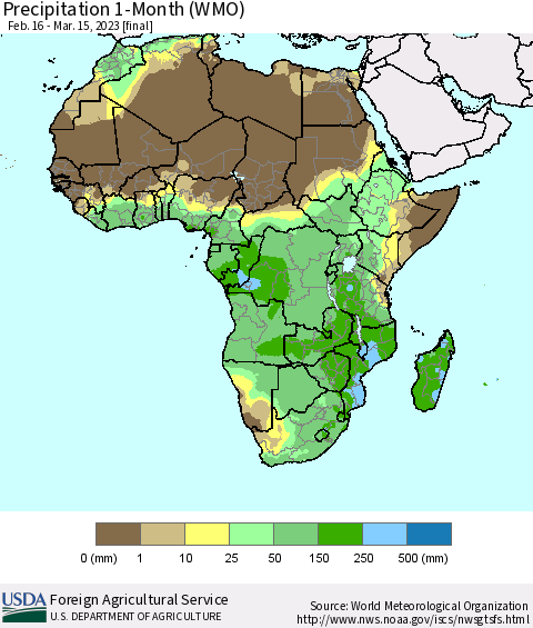 Africa Precipitation 1-Month (WMO) Thematic Map For 2/16/2023 - 3/15/2023