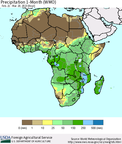 Africa Precipitation 1-Month (WMO) Thematic Map For 2/21/2023 - 3/20/2023
