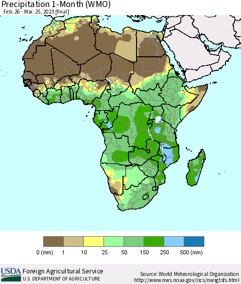 Africa Precipitation 1-Month (WMO) Thematic Map For 2/26/2023 - 3/25/2023