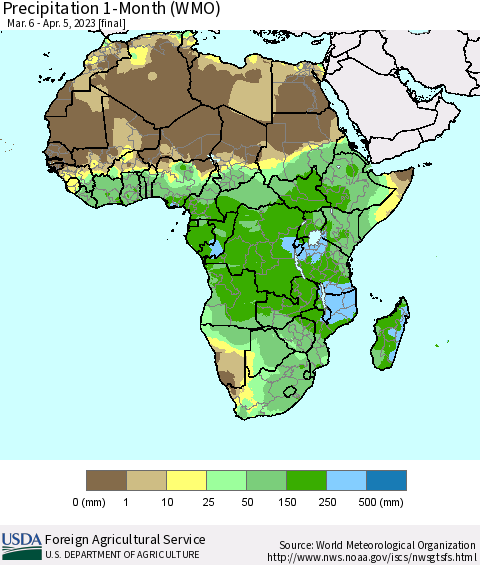 Africa Precipitation 1-Month (WMO) Thematic Map For 3/6/2023 - 4/5/2023