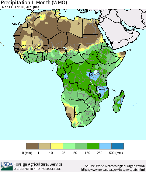 Africa Precipitation 1-Month (WMO) Thematic Map For 3/11/2023 - 4/10/2023