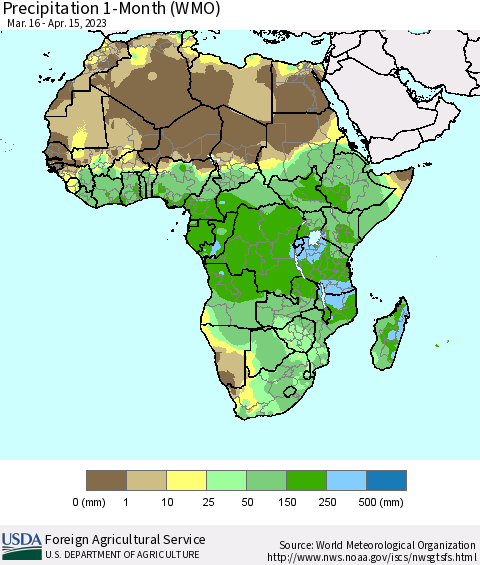 Africa Precipitation 1-Month (WMO) Thematic Map For 3/16/2023 - 4/15/2023