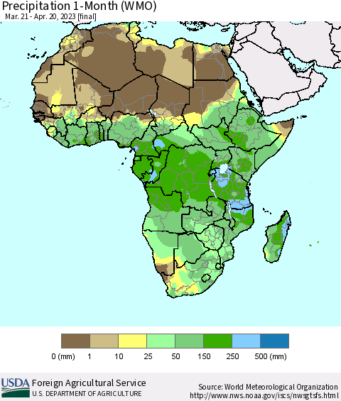 Africa Precipitation 1-Month (WMO) Thematic Map For 3/21/2023 - 4/20/2023