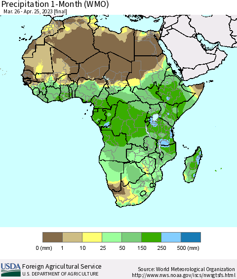Africa Precipitation 1-Month (WMO) Thematic Map For 3/26/2023 - 4/25/2023