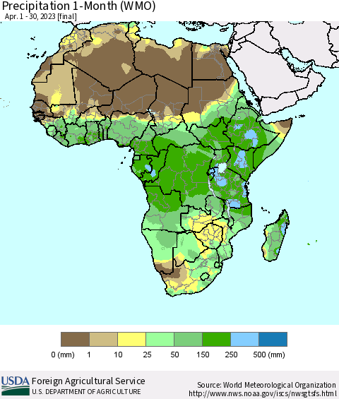 Africa Precipitation 1-Month (WMO) Thematic Map For 4/1/2023 - 4/30/2023