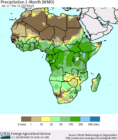 Africa Precipitation 1-Month (WMO) Thematic Map For 4/11/2023 - 5/10/2023
