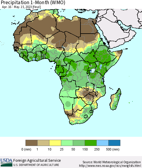 Africa Precipitation 1-Month (WMO) Thematic Map For 4/16/2023 - 5/15/2023