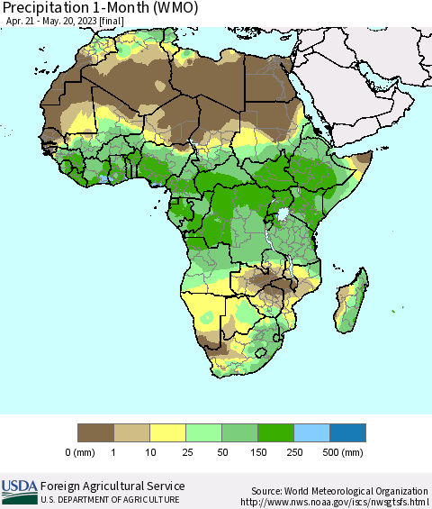 Africa Precipitation 1-Month (WMO) Thematic Map For 4/21/2023 - 5/20/2023