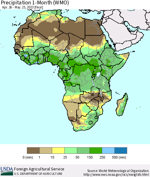 Africa Precipitation 1-Month (WMO) Thematic Map For 4/26/2023 - 5/25/2023