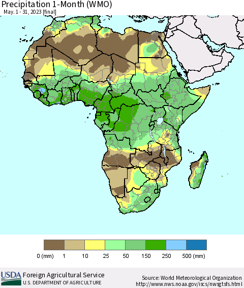 Africa Precipitation 1-Month (WMO) Thematic Map For 5/1/2023 - 5/31/2023