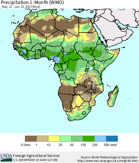 Africa Precipitation 1-Month (WMO) Thematic Map For 5/11/2023 - 6/10/2023