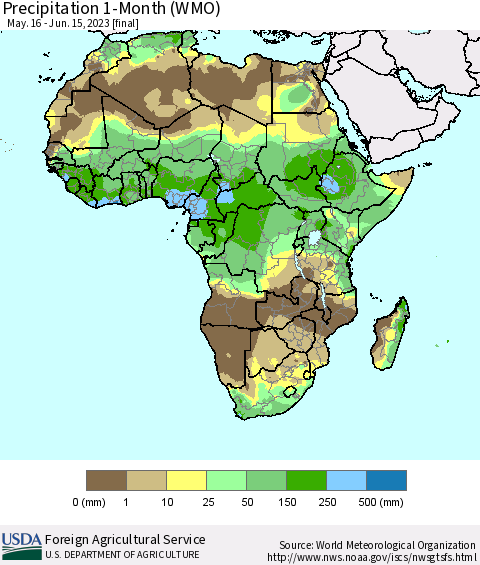Africa Precipitation 1-Month (WMO) Thematic Map For 5/16/2023 - 6/15/2023